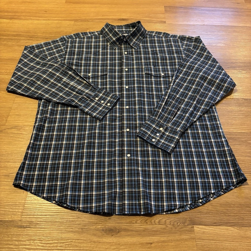 Wrangler Western Shirt Men's XL Blue Plaid Long Sleeve Pearl Snap Cowboy Retro